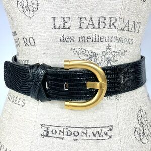 Vintage Robbie Nelson Black Leather Belt Gold Buckle USA Womens 2XL 44"
